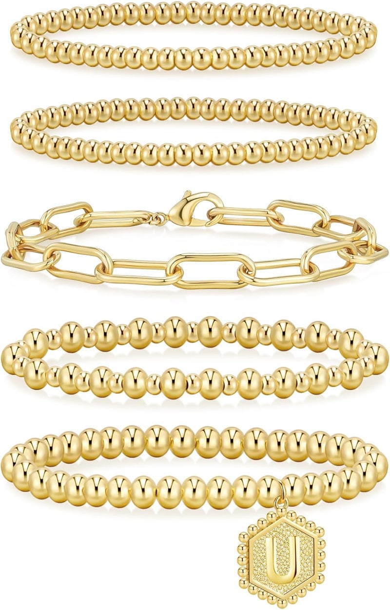 adoyi Gold Bracelets for Women Waterproof, 14K Gold Plated Beaded Strand Bead Ball Bracelets stack Adjustable Jewelry Set for Gifts - Image 1